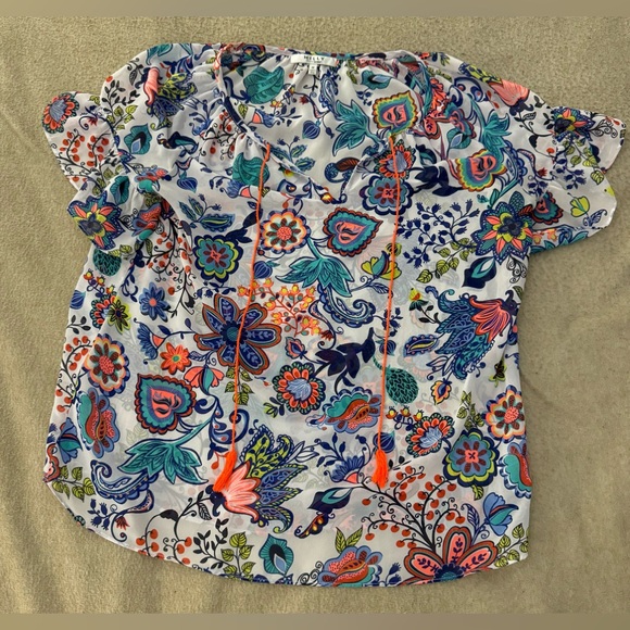 Milly Womans Peasant Top Size M Colorful Semi sheer Top Blouse Tassle Tie Shirt - Picture 3 of 8